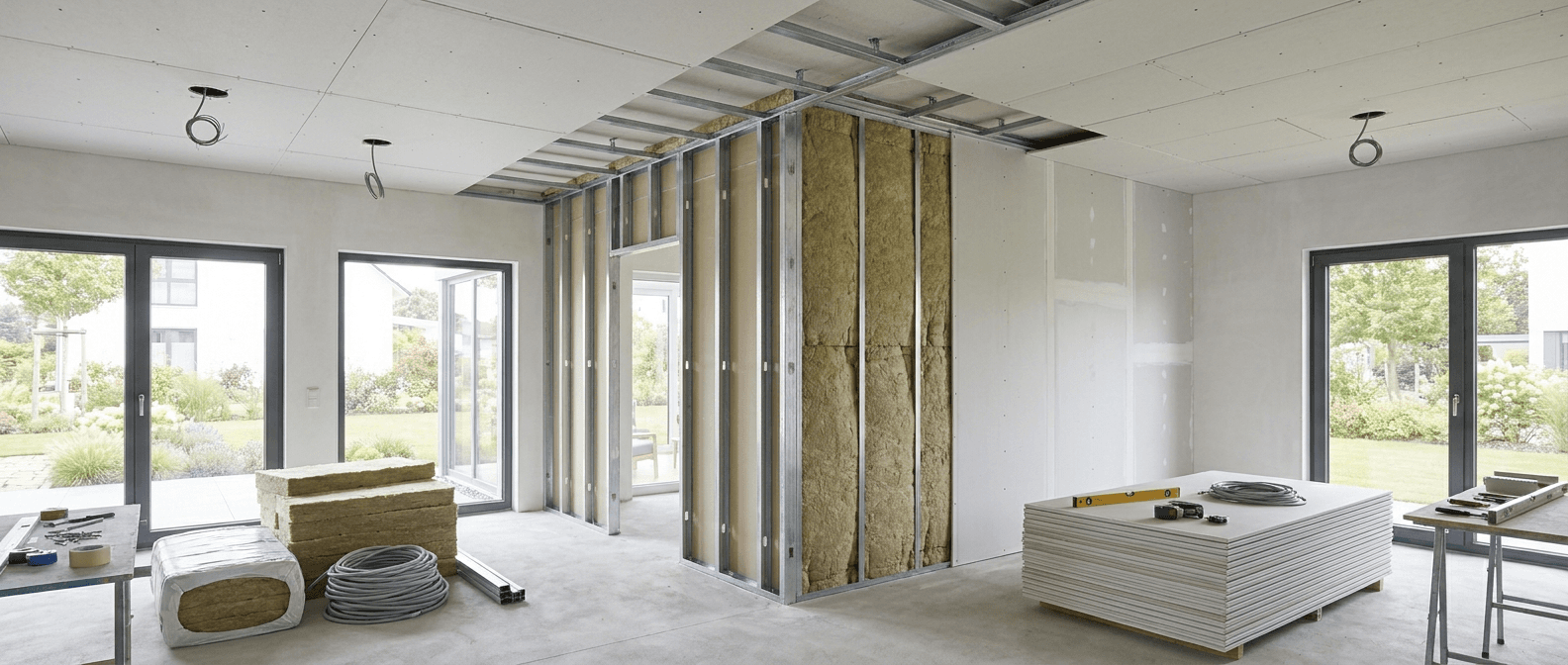 Innenraum mit Metallständerwerk, Dämmung und abgehängter Decke im Rohbauzustand