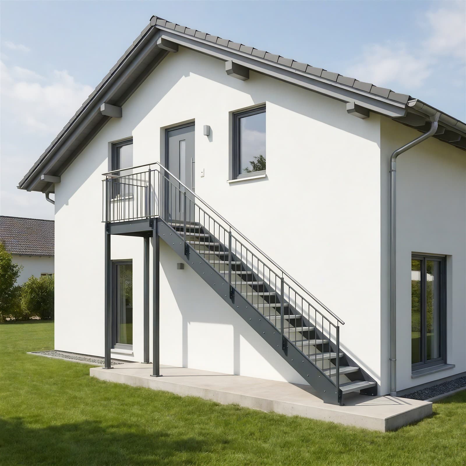 Außentreppe aus Metall mit Geländer an einer hellen Fassade